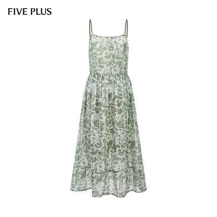 FIVE PLUS度假风连衣裙女印花吊带长裙清新沙滩裙女夏装