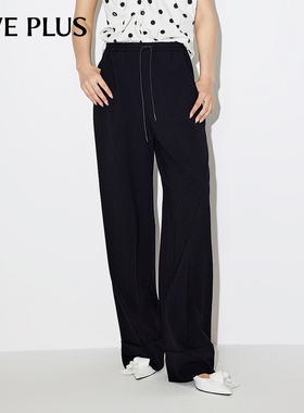 FIVE PLUS休闲裤女宽松直筒阔腿长裤子松紧腰黑色