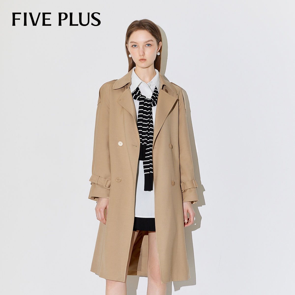 FIVE PLUS风衣女外套英伦风长款配腰带袖袢双排扣
