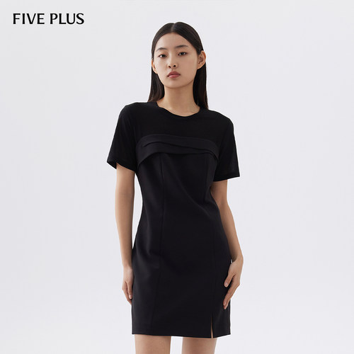 【129元】FIVE PLUS连衣裙女裙子设计感拼接修身显瘦小黑裙