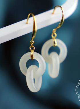 观檀 S925银镀金晴水和田玉环环相扣耳坠古风耳环女70068