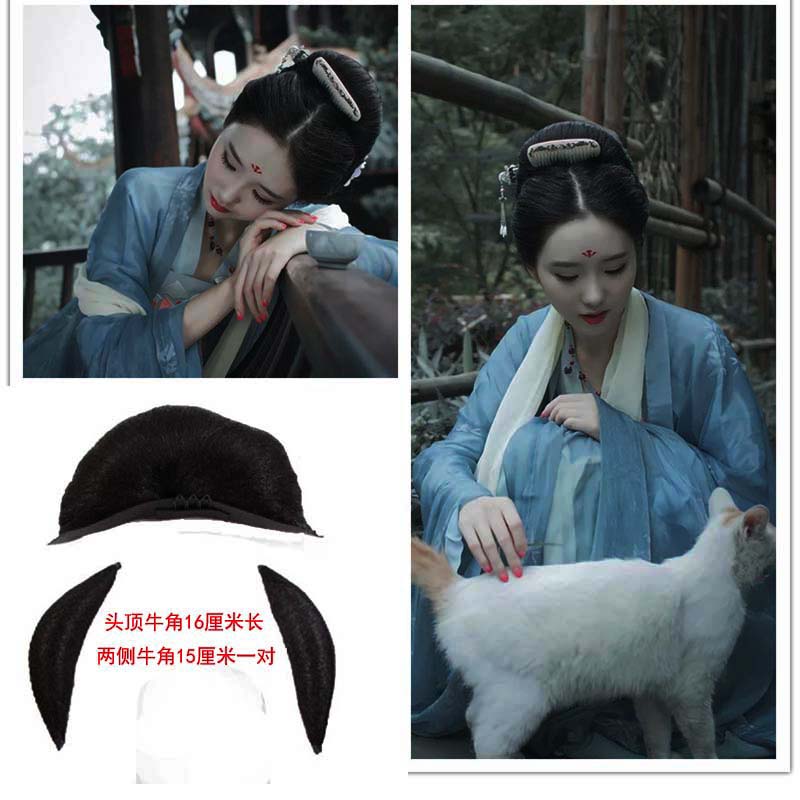 古筝演出汉服假发女古装造型cos万用牛角垫发包古风