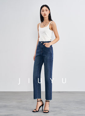 今年流行的新款秋冬季高腰直筒牛仔裤女显瘦加绒九分法棍烟管裤子