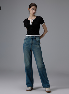 2025新款高腰窄版阔腿牛仔裤女慵懒垂感宽松显瘦直筒休闲拖地裤子