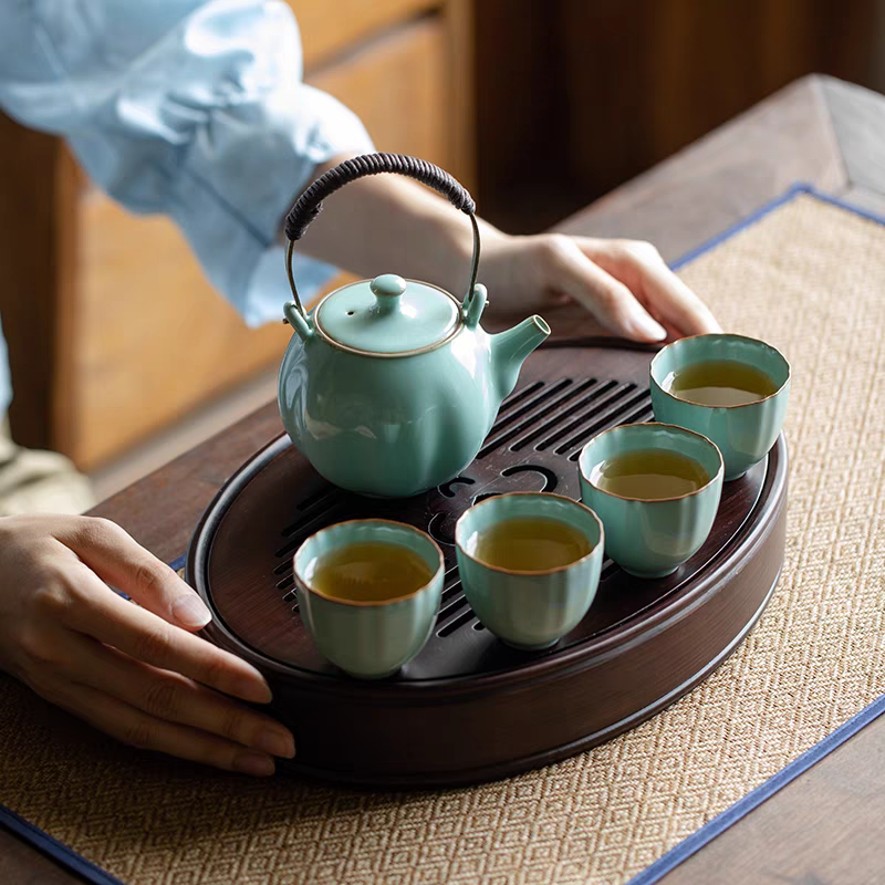 厚湖窑天青汝窑高档提梁壶功夫茶具整套带礼盒家用茶盘旅行套装