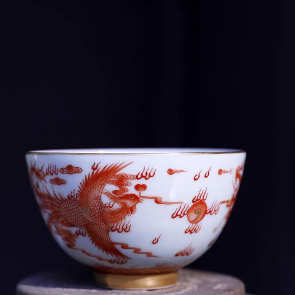 景德镇品高端手绘茶器精矾红龙凤杯主人杯仿古品茗杯手工图案陶瓷
