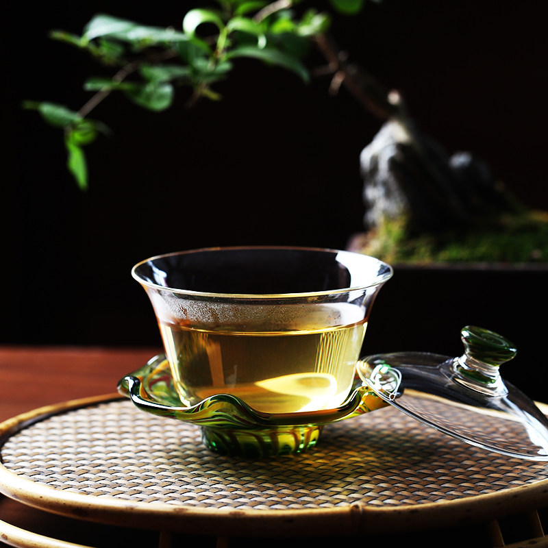 台湾自慢堂草堂荷叶玻璃盖碗耐热防烫透明三才泡茶碗大号功夫茶具