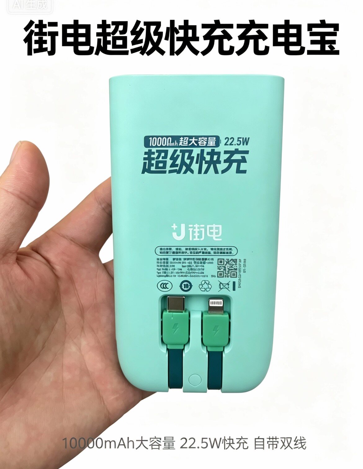 9成新新款街电超级快充3c认证带线充电宝10000毫安大容量移动电源