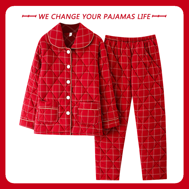 北极绒纯棉夹棉袄睡衣女款冬季加厚三层保暖秋冬天红色家居服套装