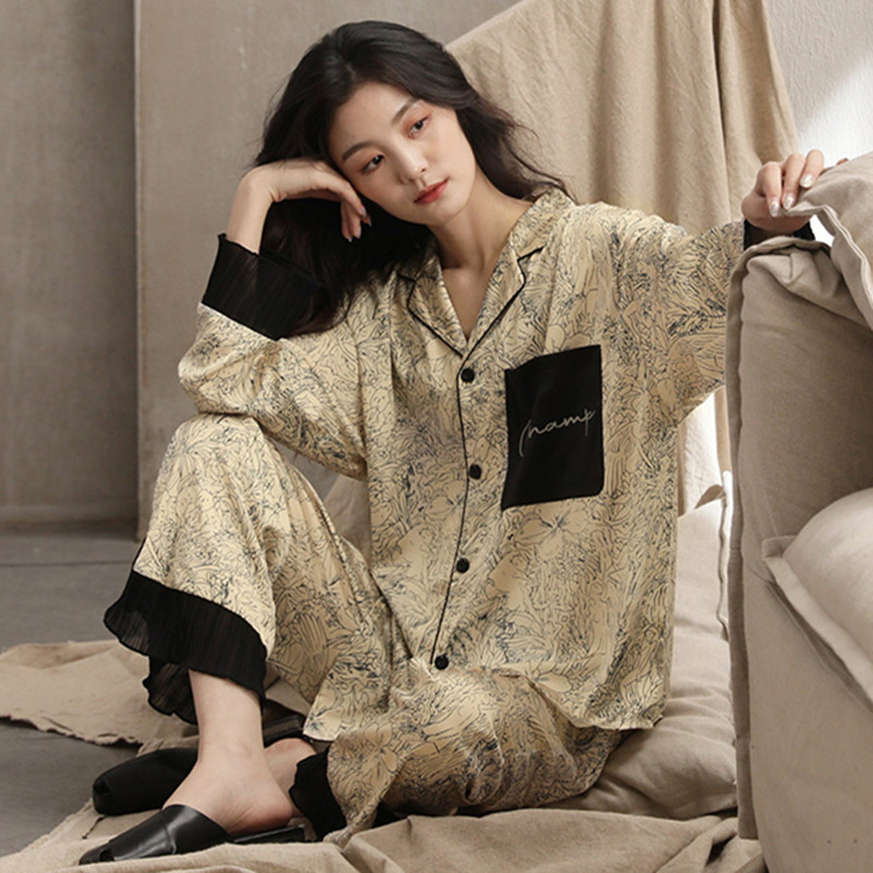 冰丝睡衣女士夏季薄款长袖春秋款仿真丝绸开衫休闲家居服两件套装