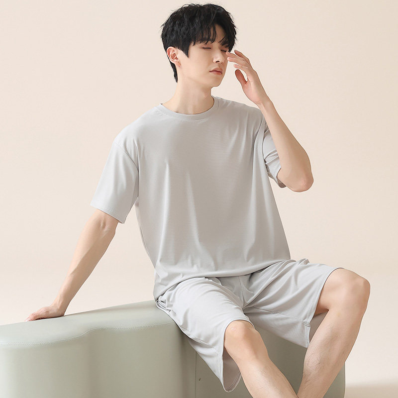 2025年螺纹冰丝睡衣男士夏季两件套装短袖短裤简约休闲家居服夏天