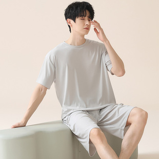 2025年螺纹冰丝睡衣男士夏季两件套装短袖短裤简约休闲家居服夏天