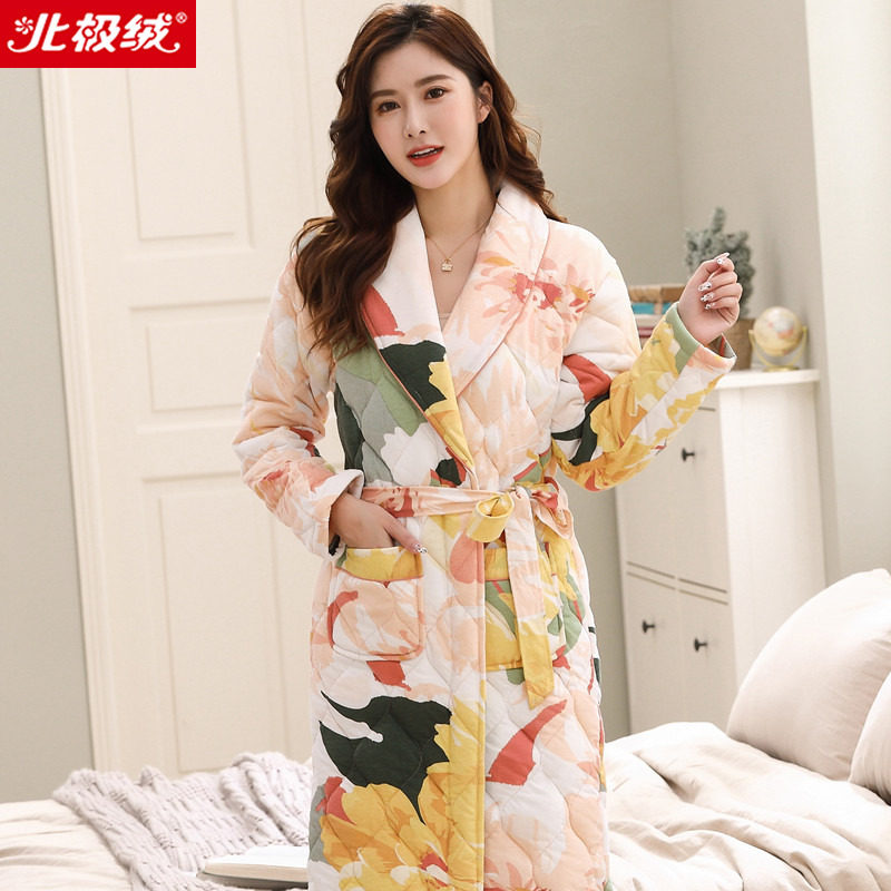 俞兆林睡袍女秋冬季三层加厚全棉