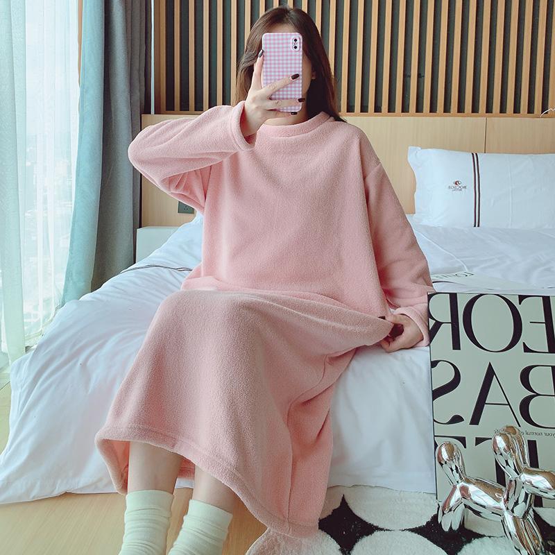 睡裙女款秋冬季珊瑚绒加厚加绒休闲学生可外穿睡衣家居服连衣裙子