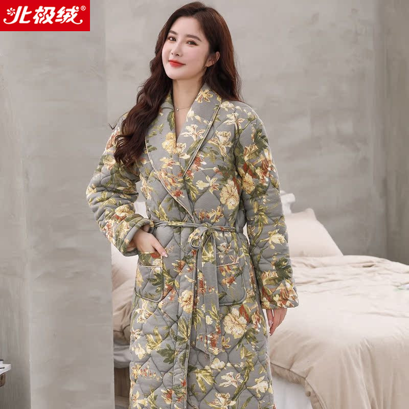 2025年睡袍女秋冬季纯棉三层加厚保暖夹棉长袖浴袍浴衣家居服冬天