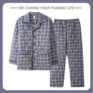 北极绒纯棉三层加厚睡衣男士冬季夹棉袄大码秋冬季棉衣家居服套装
