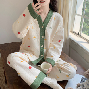 北极绒夹层睡衣女秋冬季 长袖 纯棉空气棉薄夹棉休闲V领家居服套装