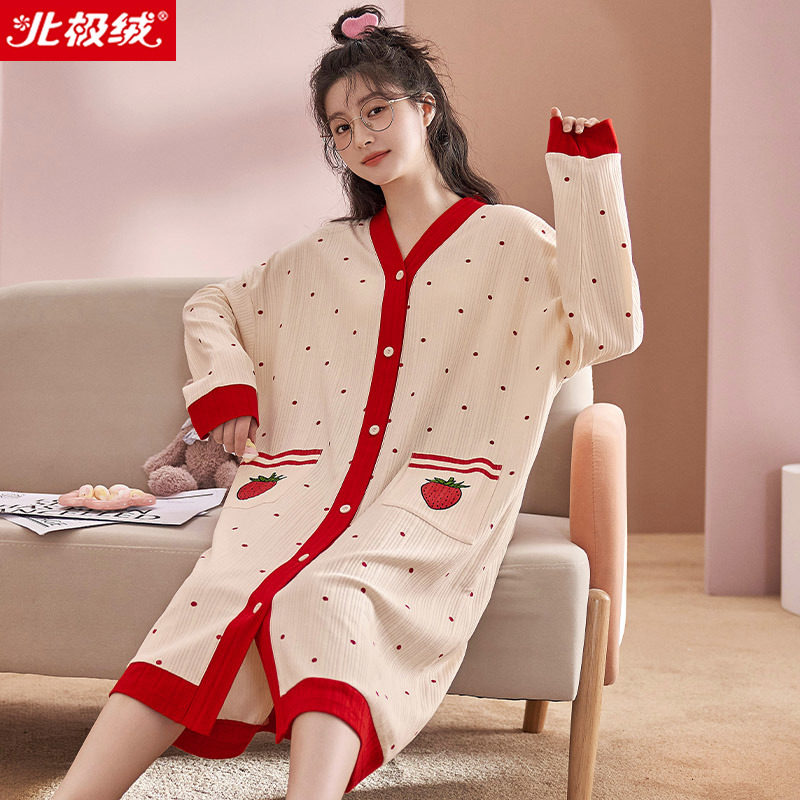여성용 북극 벨벳 잠옷 봄 가을 긴팔 순수 코튼 한국식 카디건 중간 길이 섹시한 느슨한 대형 홈웨어