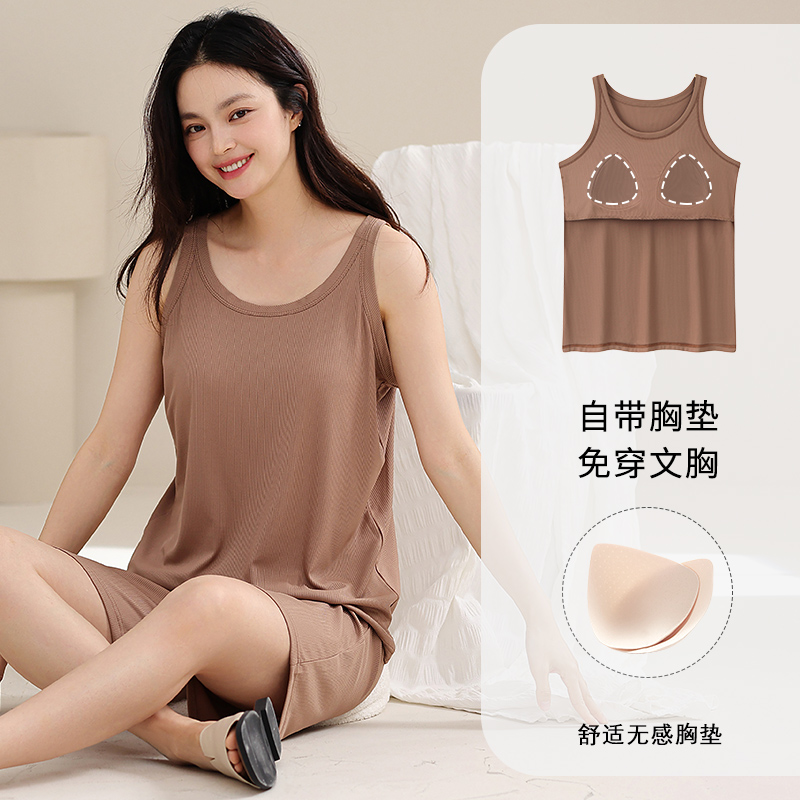 莫代尔睡衣女款带胸垫2025新款夏季天背心冰丝凉感家居服两件套装