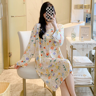 高级感绵绸睡裙夏季女款新款连衣裙子中年妈妈棉绸长袖薄款家居服