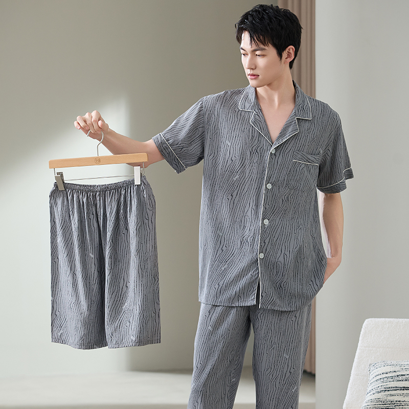 男士睡衣夏季薄款棉绸短袖短裤宽松春秋人造棉家居服长裤三件套装