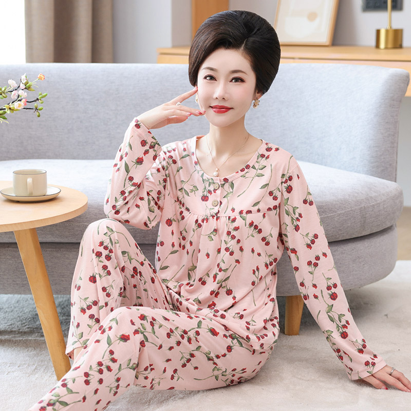 妈妈睡衣女春秋季纯棉长袖家居服加肥大码套头中老年人可外穿套装