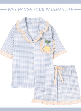 2025年睡衣女夏季薄款短袖短裤套装开衫纯棉甜美可爱家居服春秋天