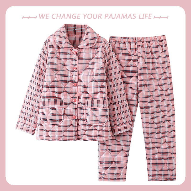 2025年冬季妈妈睡衣女纯棉加厚三层夹棉袄秋冬天保暖全棉两件套装