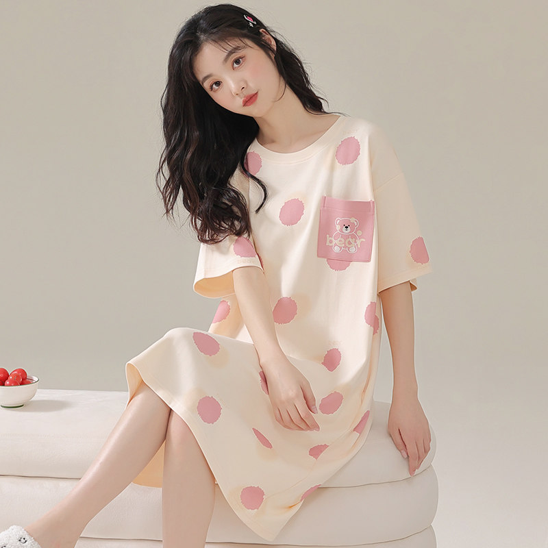 北极绒睡裙女夏季纯棉薄款短袖家居服学生可外穿中长款连衣裙睡衣