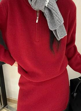 Hazel现货！百搭感半拉链套头毛衣+宽松短款半身裙套装两件套