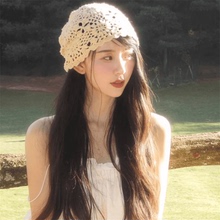 手工编织女士夏天包头帽夏季薄款镂空针织帽文艺百搭白色毛线帽子