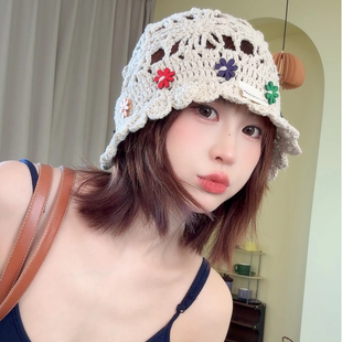 透气盆帽民族风花朵渔夫帽 手工钩针镂空针织帽子女显脸小春夏新款