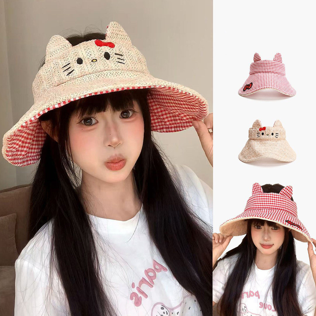 可爱KT猫格纹双面戴防晒空顶帽女