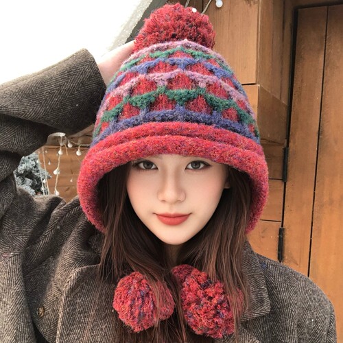 冬季费尔岛复古红色毛球针织帽女