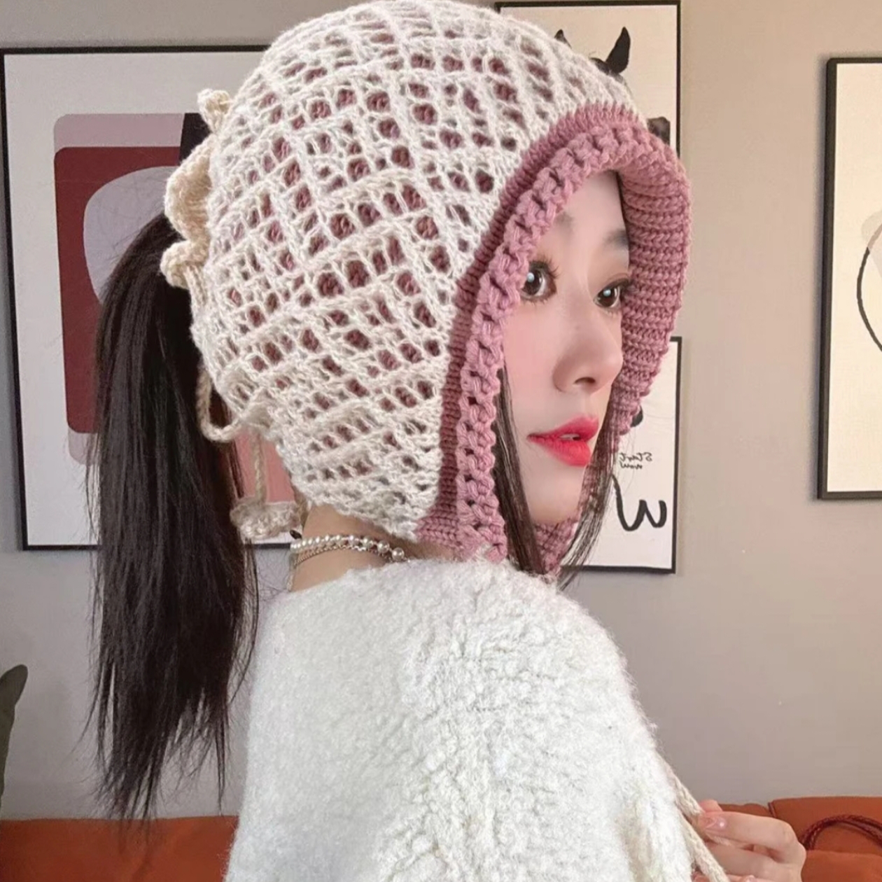 韩版绑带拼色针织帽子女款2025新款秋季防风保暖护耳套头帽显脸小