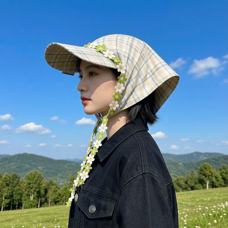 春夏季防晒氛围感格纹花朵头巾帽