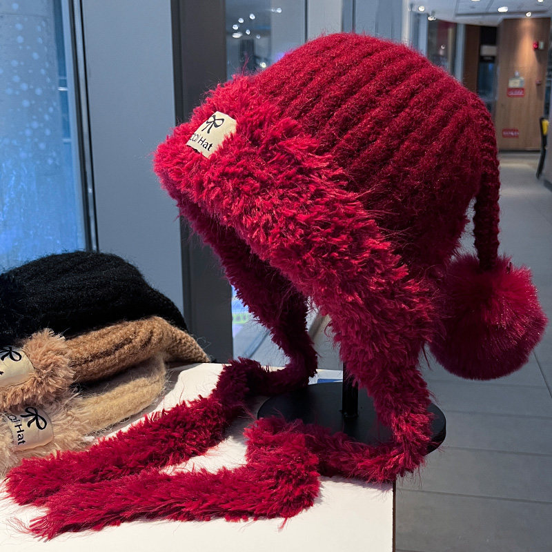 2025新款蝴蝶结贴标毛绒针织帽子女秋冬季加绒加厚保暖毛球护耳帽