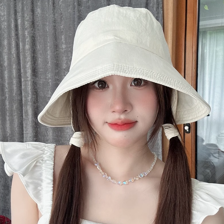 防晒渔夫帽女款2025新款户外出游大帽檐遮阳太阳帽显脸小系带帽子