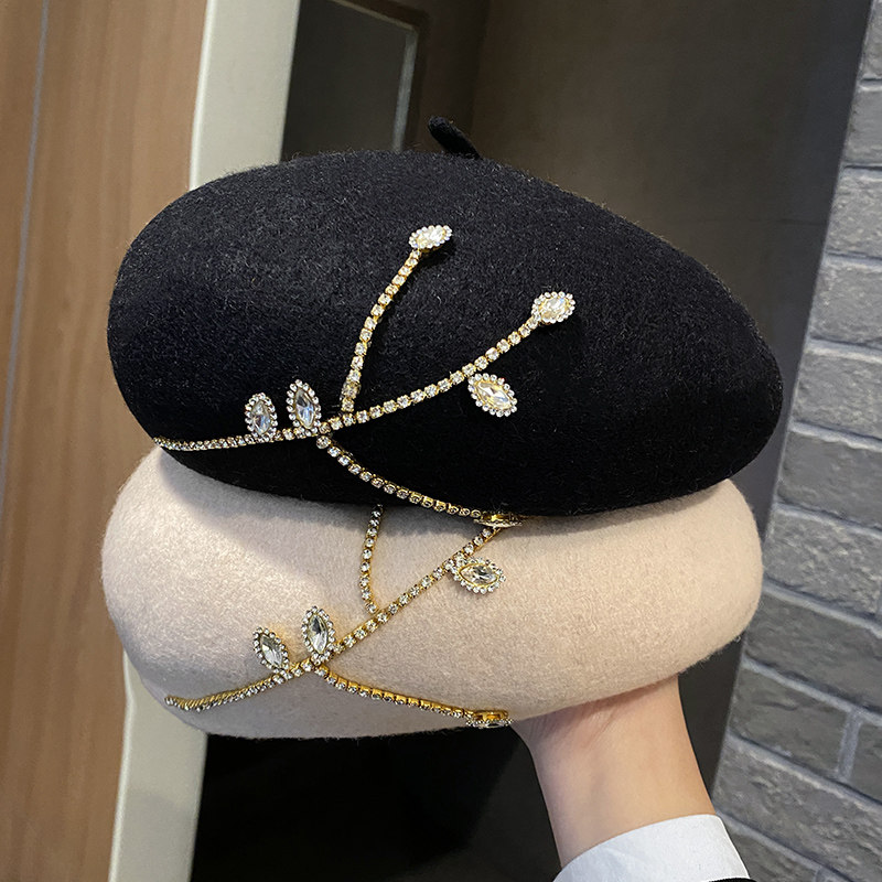 羊毛呢画家帽子女秋冬季新款加厚保暖南瓜帽小香风洋气水钻贝雷帽