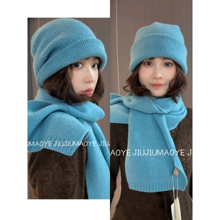 100%澳洲羊毛针织帽子围巾组合女款秋冬季新款保暖显白蓝色包头帽
