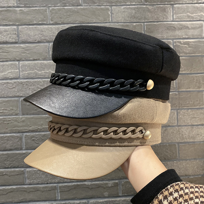 帽子女秋冬季2025新款大头围毛呢贝雷帽百搭日系链条平顶帽显脸小