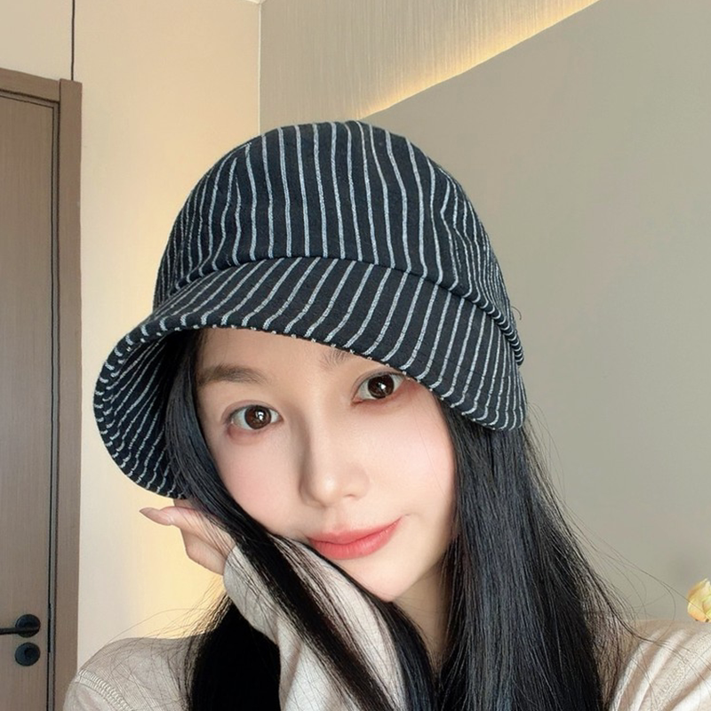 日系复古条纹鸭舌帽春夏薄款透气