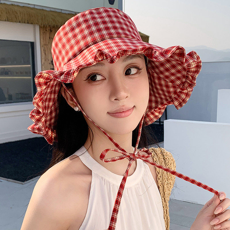 2026新款荷叶边格纹渔夫帽子女春夏季遮阳防晒帽大帽檐显脸小盆帽