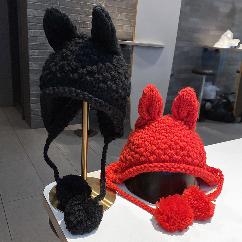 可爱兔耳朵毛线帽秋冬保暖减龄