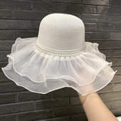 超仙网纱草帽女夏季 珍珠大檐沙滩帽网红百搭度假遮阳帽防晒帽子潮