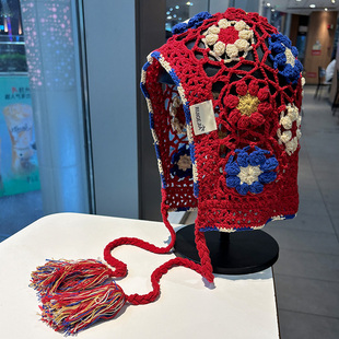 民族风手工编织花朵镂空针织帽子女波西米亚流苏红色包头帽显脸小