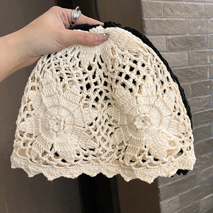 手工编织花朵镂空包头帽子女显脸小春夏季时尚透气针织毛线帽薄款