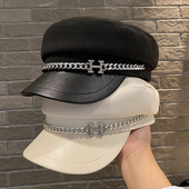 水钻链条优雅气质韩版 复古短檐八角帽贝雷画家帽 平顶帽子女秋冬季