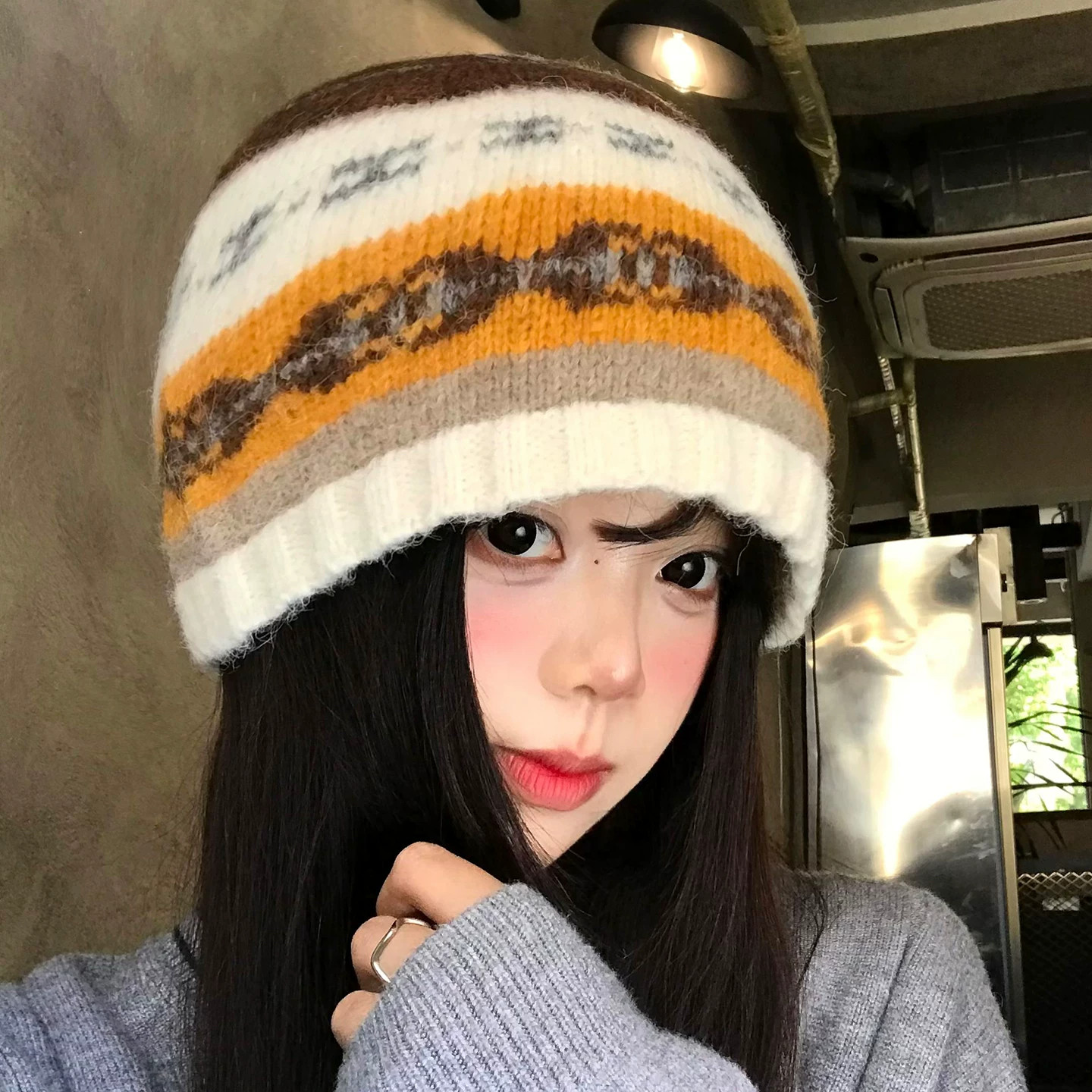 秋冬防风保暖费尔岛风提花针织帽
