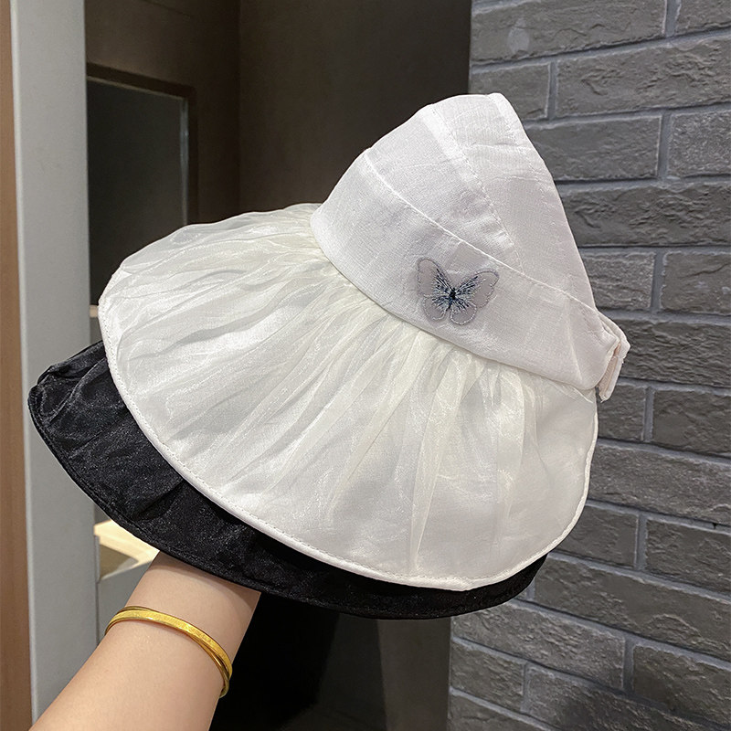 防晒遮阳帽子女夏仙气蝴蝶大帽檐遮脸渔夫帽海边度假扎马尾空顶帽